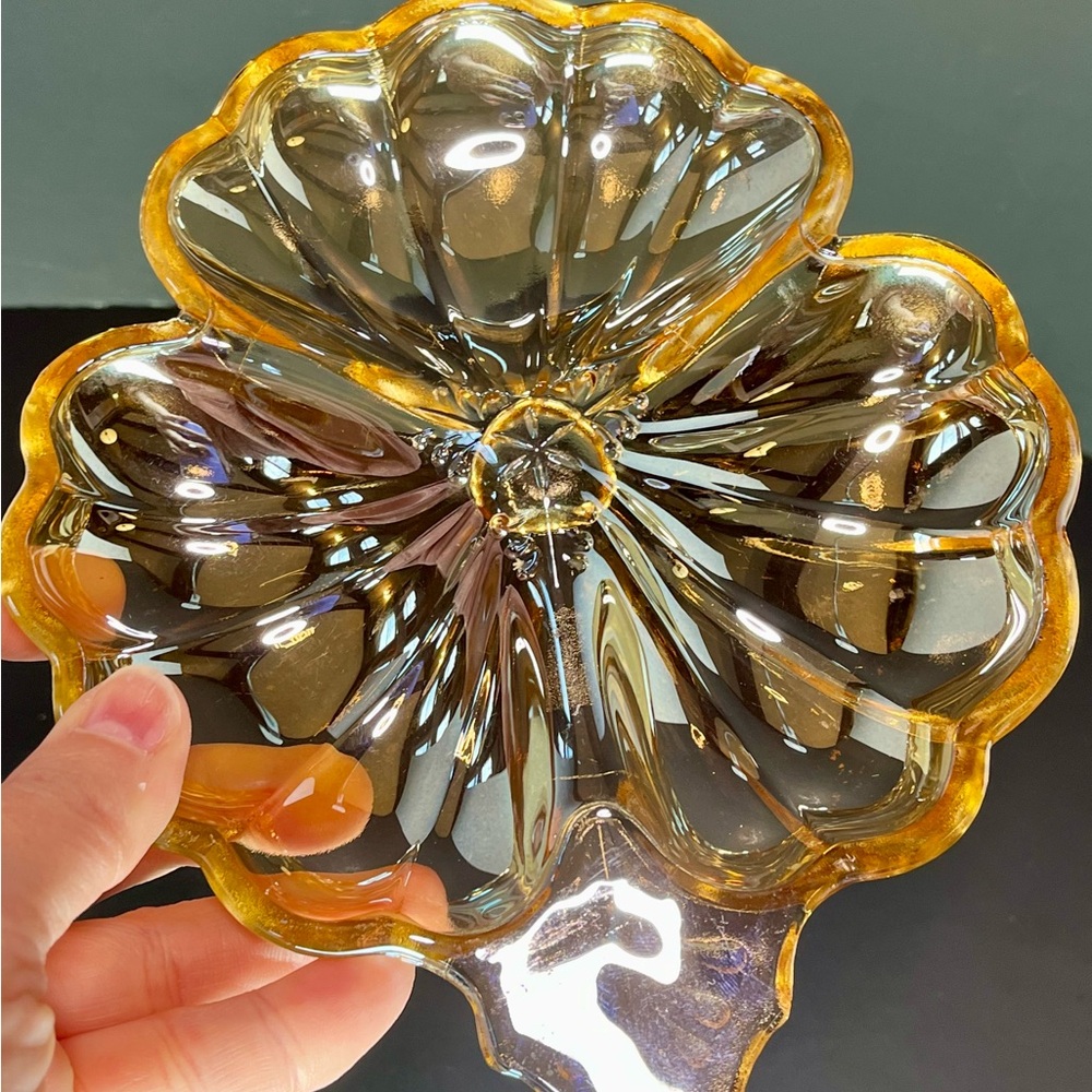Carnival Glass Marigold Clover Leaf Candy Nut Relish Dish Iridescent Divided
